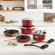 طقم أواني طهي سيراميك من Gotham Steel مكون من 10 قطع من STACKMASTER مع مقابض تبقى باردة وأغطية زجاجية مقواة قابلة للتكديس