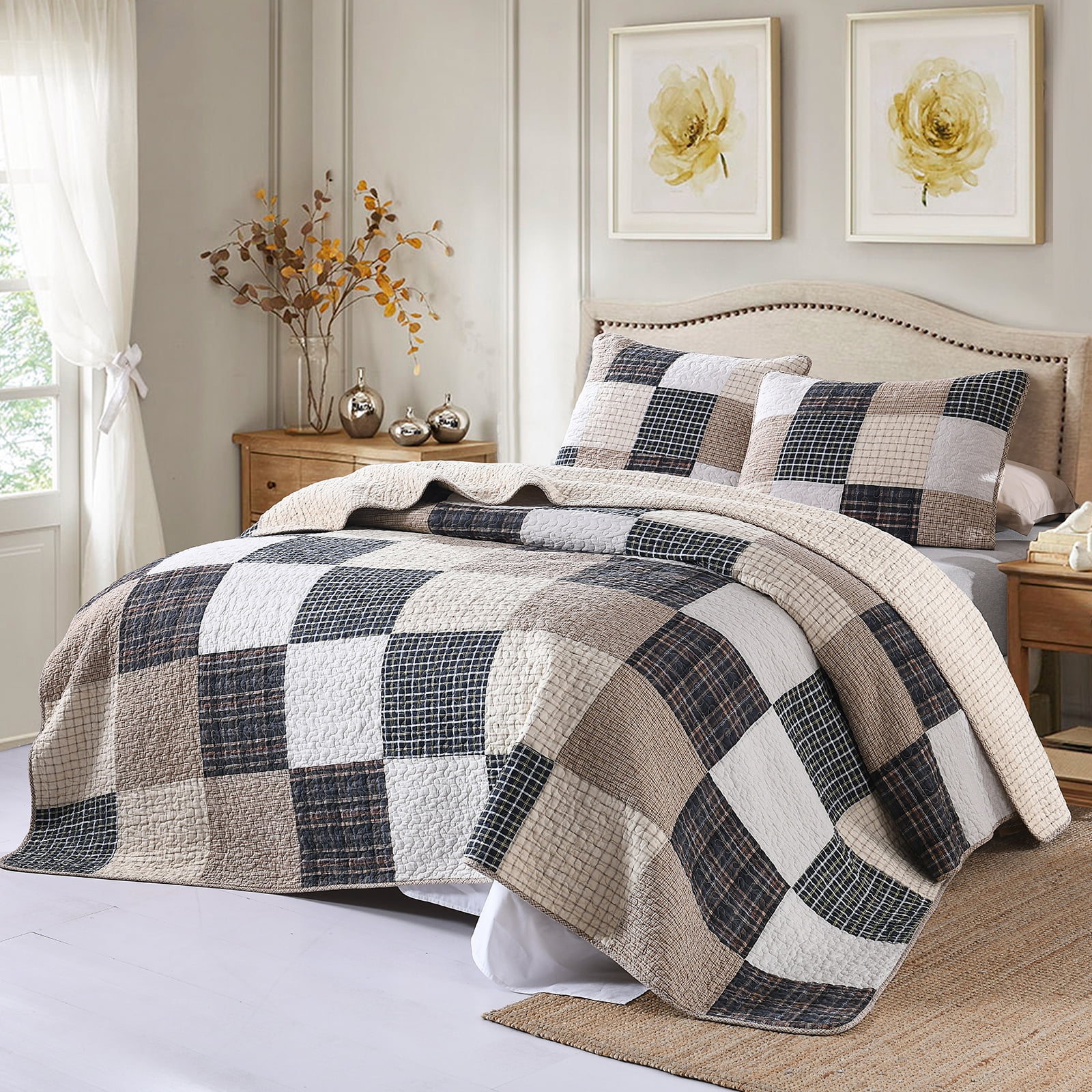 DDUOXIN Real Patchwork Plaid Cotton Quilt - 100% Cotton King Size Quilt, Lightweight Brown Black Beige Rustic Quilts Bedspread for King Bed, Neutral Reversible Coverlet/Comforter Set, 3 Piece, 98x106