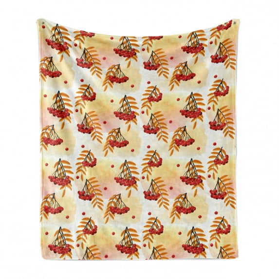 Rowan Soft Flannel Fleece Throw Blanket, Romantic Fall Season Inspired Tile with Vivid Leafage and Bunch of Berries, Cozy Plush for Indoor and Outdoor Use, 50" x 70", Orange Red Peach, by Ambesonne