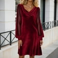 thumbnail image 2 of DHFJKG Women Dresses Cowl Neck Solid Color Velvet Mini Dress Mesh Sheer Long Sleeve Soft Tunic Versatile Dresses, 2 of 4