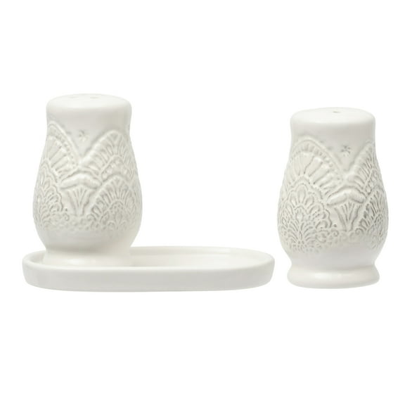 The Pioneer Woman Vintage Lace Stoneware Salt & Pepper Shaker Set, Linen