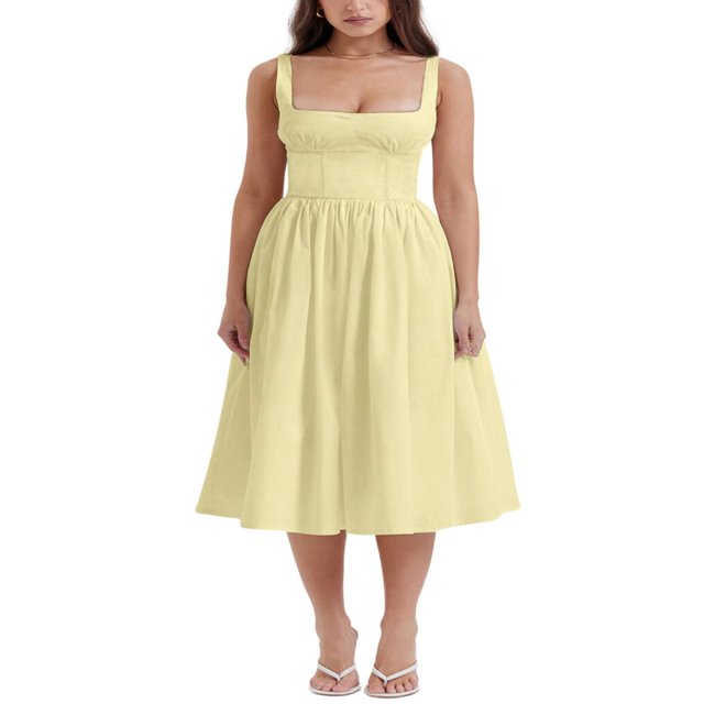 POINTERTECK Femmes Été Sans Manches Couleur Unie Taille Haute Robe Midi Cami