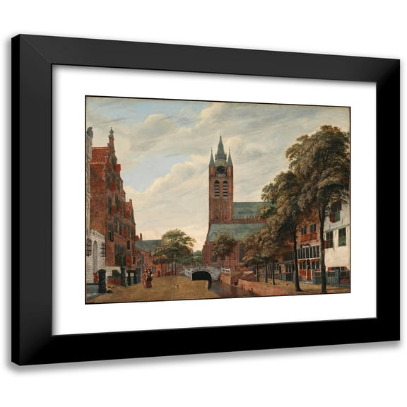 Jan van der Heyden 14x12 Black Modern Framed Museum Art Print Titled - View of the Oude Delft Canal, Delft (ca. 1660)