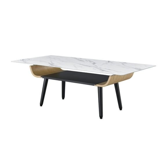 Landon Coffee Table with Glass White Marble Texture Top and Bent Wood Design