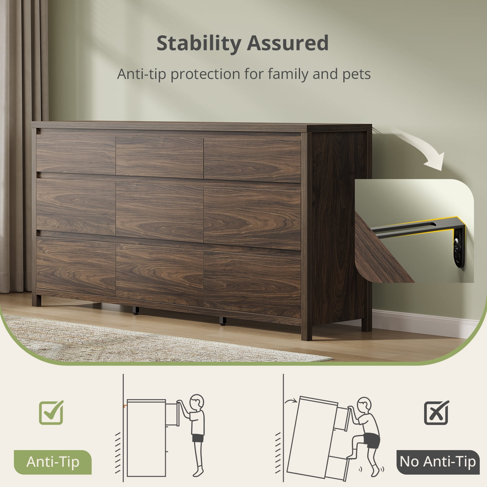 9 Drawer Dresser for Bedroom, 63" Wide Wooden Closet Dresser with Smooth Drawer, Large Dressers & Chests of Drawers for Bedroom Living Room, Walnut Dresser