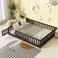 thumbnail image 3 of PAPROOS Queen Floor Bed Frame, Wood Floor Platform Bed with Fence and Door, No Box Spring Needed, Modern Queen Size Montessori Floor Bed for Little Girls Boys, Playhouse Bed Frame, Espresso, 3 of 7