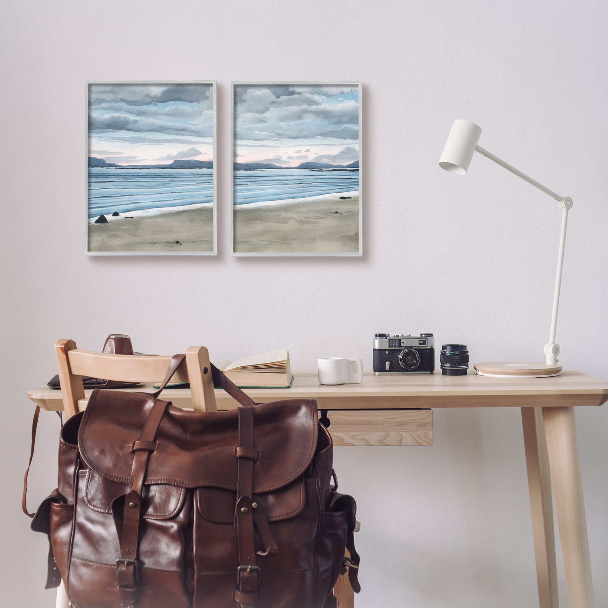 Stupell Cloudy Summer Beach Shore Watercolor Landscape Painting Gray Framed Art Print Wall Art, Set of 2