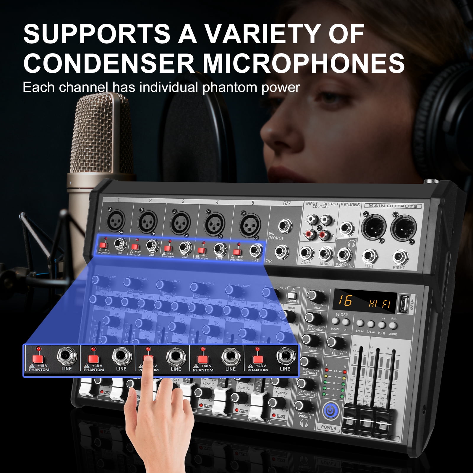 7 Channel Audio Mixer, Portable Audio Mixer w/16 Built-In Preset Sound Effects & USB DJ Sound Mixing Console MP3 Jack 48V Power for Computer Recording, Sounds Mixer Board For Studio Recording