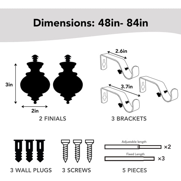 Heavy-Duty Curtain Rods 48-84 Inch Long, 3/4 Inch Metal Rod in Gold, Adjustable Telescoping Rod with Decorative Finials, Wall-Mount Hardware Included, Fits Curtains for Living Room Bedroom