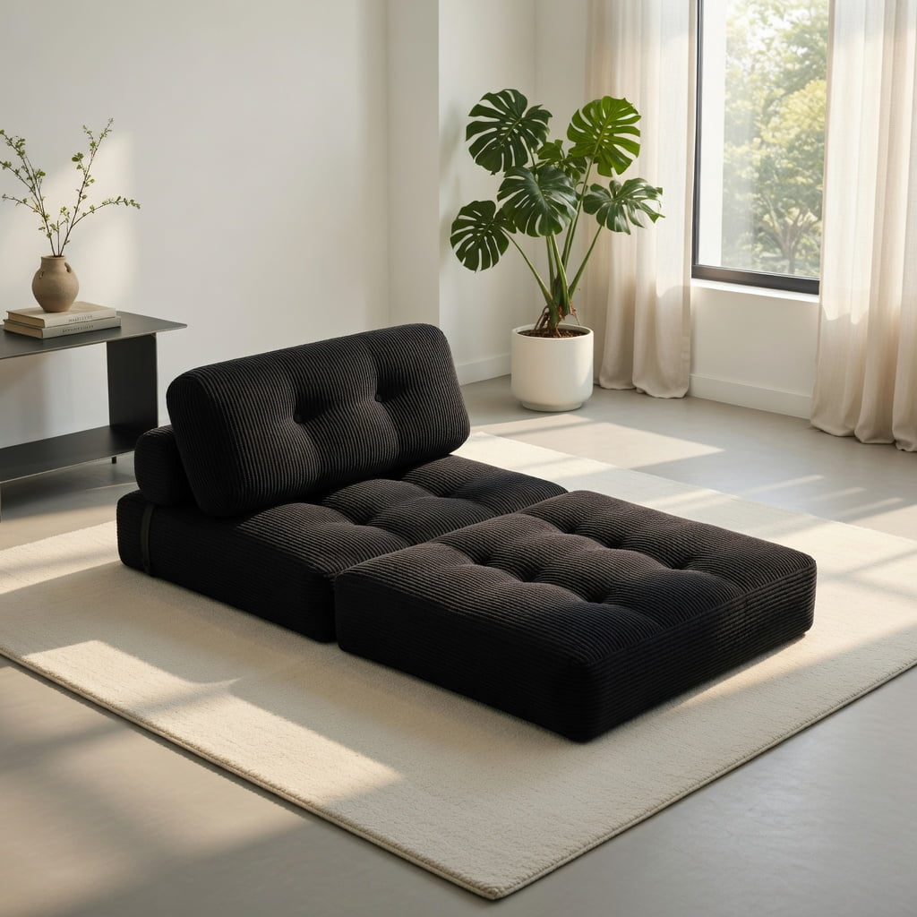 Hommoo 3-in-1 Folding Sofa Bed with Back Support & Pillow, Corduroy Convertible Sleeper for Living Room, Bedroom, Guest Room, Black
