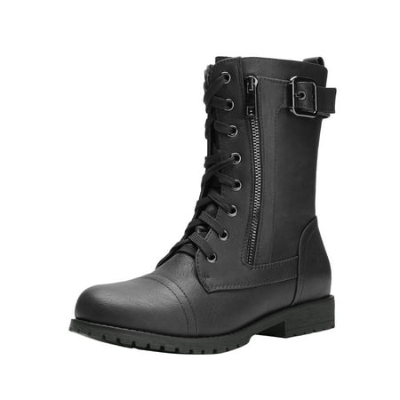 Dream Pairs Women Fashion Military Combat Boots Lace Up Mid Calf Boots Comfort Walking Boots Shoes for Women Mission Black Size 8.5