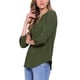thumbnail image 4 of Camisa de botón V con cuello en V Inspire Chic para mujer, blusa casual de manga 3/4 con ribete plisado, talla XS, verde militar, 4 of 6