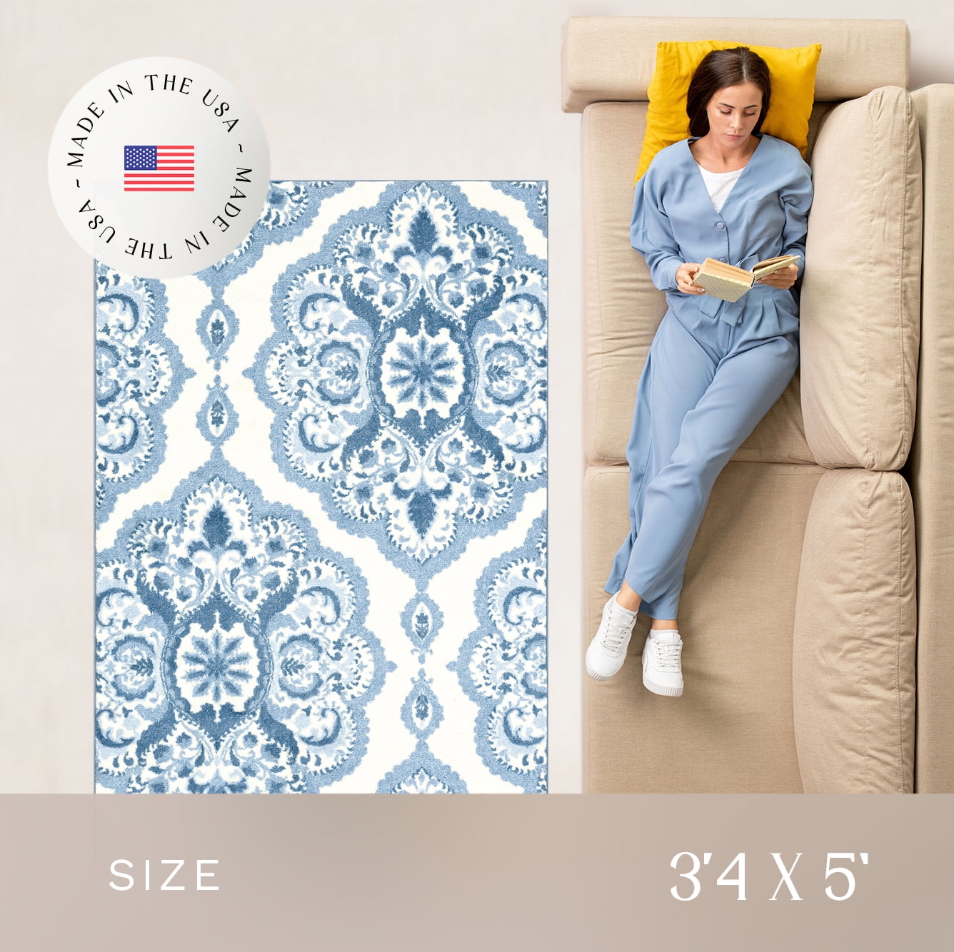 Maples Rugs Vivian Transitional Medallion Blue White Non Slip Indoor Area Rug, 3'4 x 5'