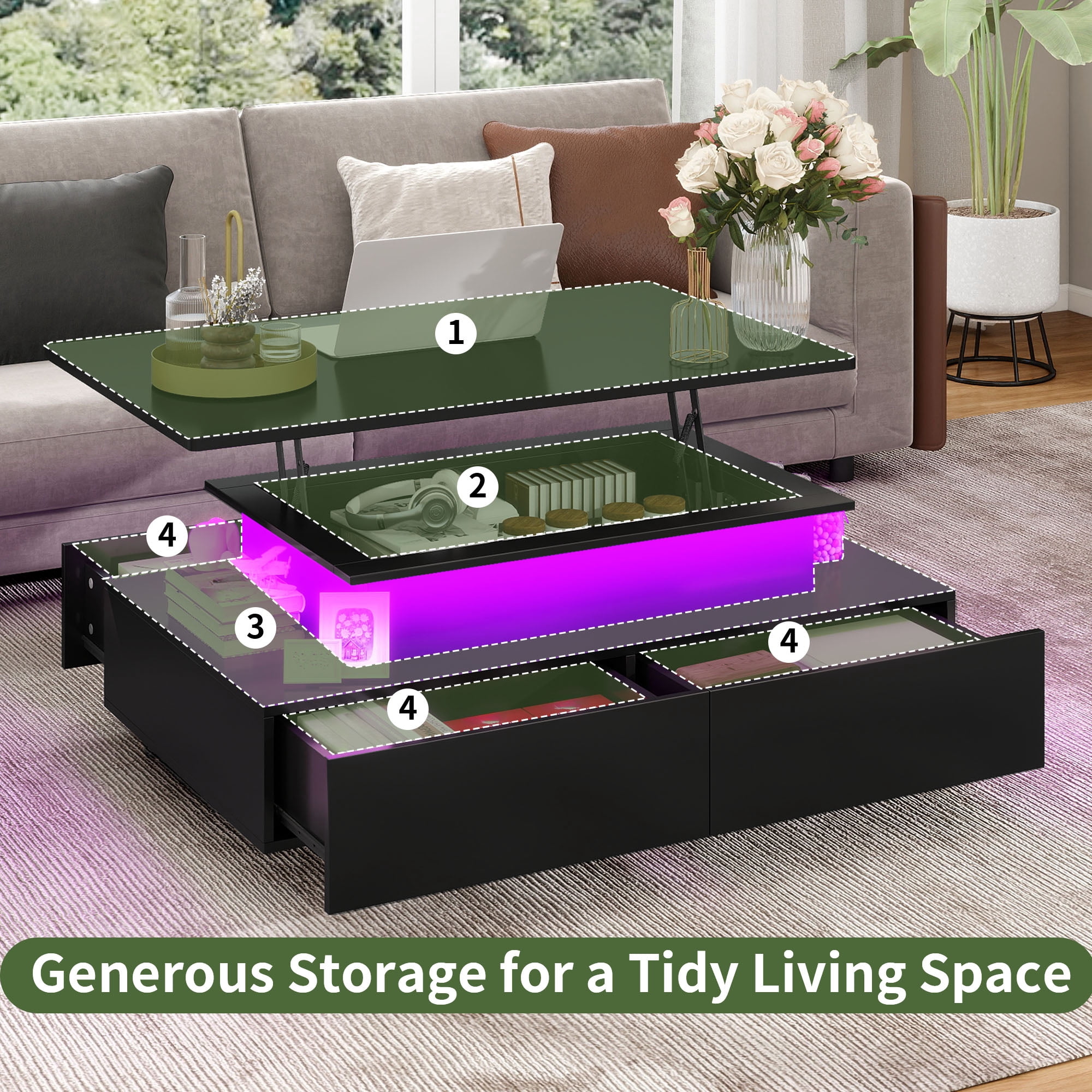 Uforic LED Lift Top Coffee Table, Modern Living Room Tables with 4 Spacious Drawers, Black