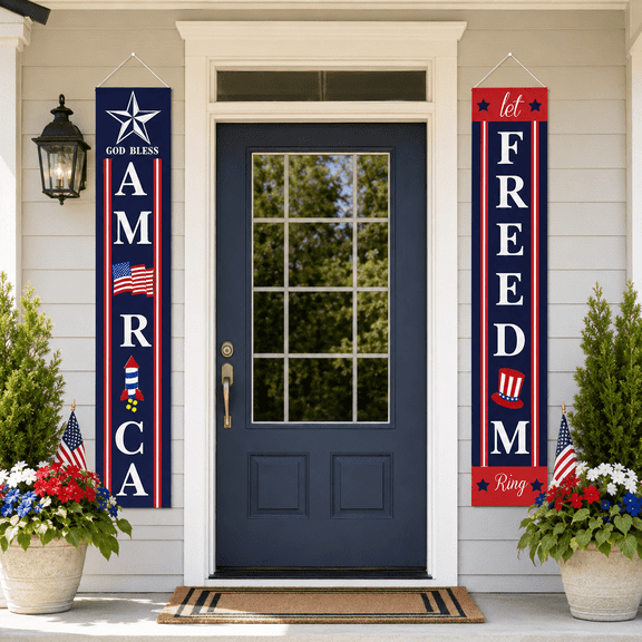 4th of July Porch Sign Patriotic Door Decoration - “Let Freedom Ring” and “GOD Bless America”, Fourth of July Memorial Day Independence Day Flag Day Labor Day Hanging Banner for Yard Indoor Outdoor