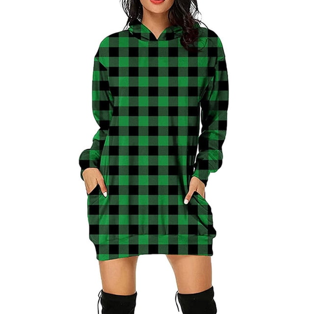 MAWCLOS Robes à Capuche pour Femmes Midi Longues Chandail à Capuche à Enfiler Manche Chandail Robe Décontractée Automne Carreaux Vert G