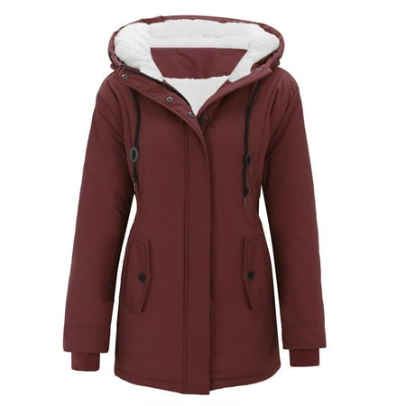 MIASHUI Women s Regular Fit Hooded Long Sleeve Jacket Zip Up Parka with Security Pockets Thickened Cotton Coat Brick Red XXXL