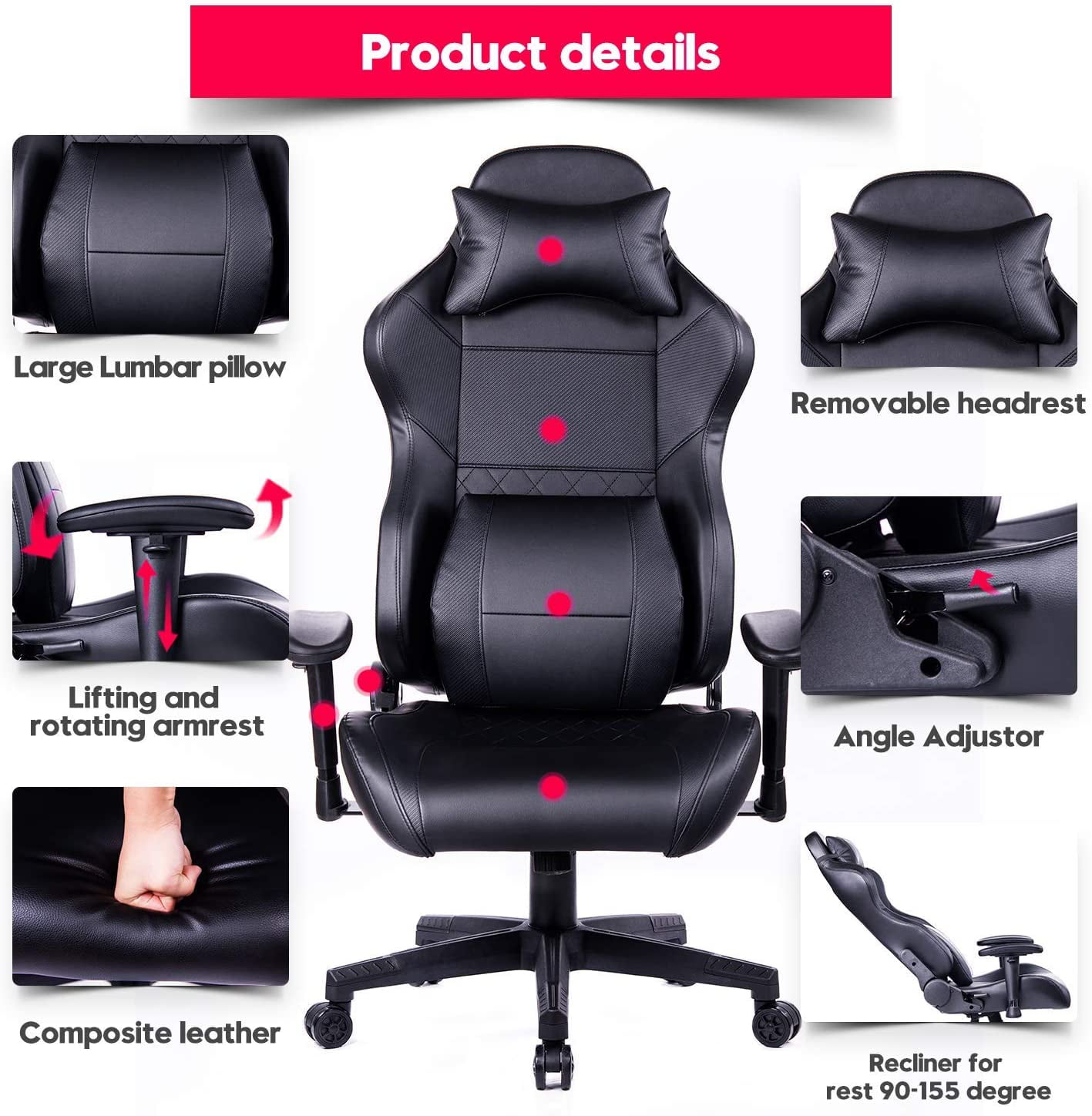 Healgen Gaming Chair Integrated Adjustable Lumbar Cushion High-Performance Metal Base Adjustable Armrest and High Backrest Made of Leather Racing Style Computer Desk Office Chair 8238-2Grey 