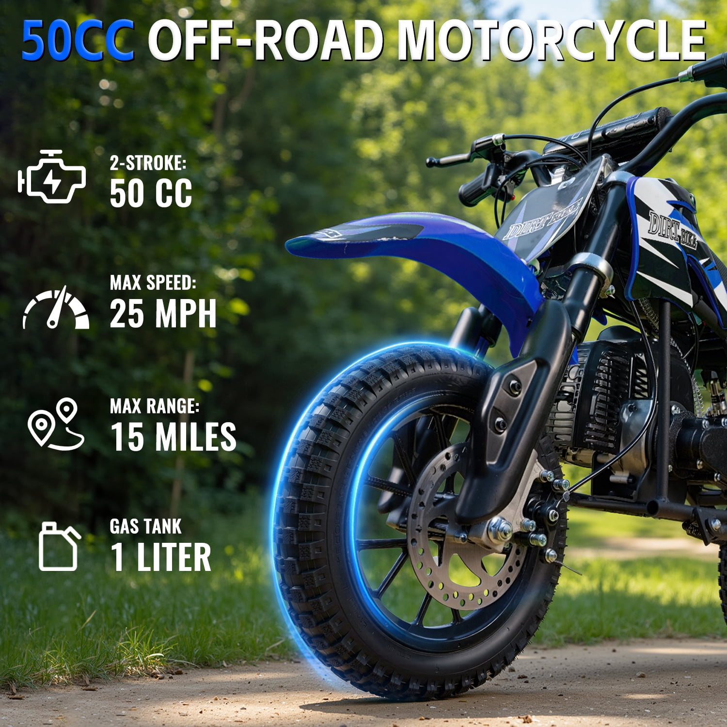 TOXOZERS 50cc 2-Stroke Dirt Bike ,Off-Road Mini Bike for Kids Ages 8+, Pit Bike with Safety Kill Switch, 25mph, 150 lbs, Blue