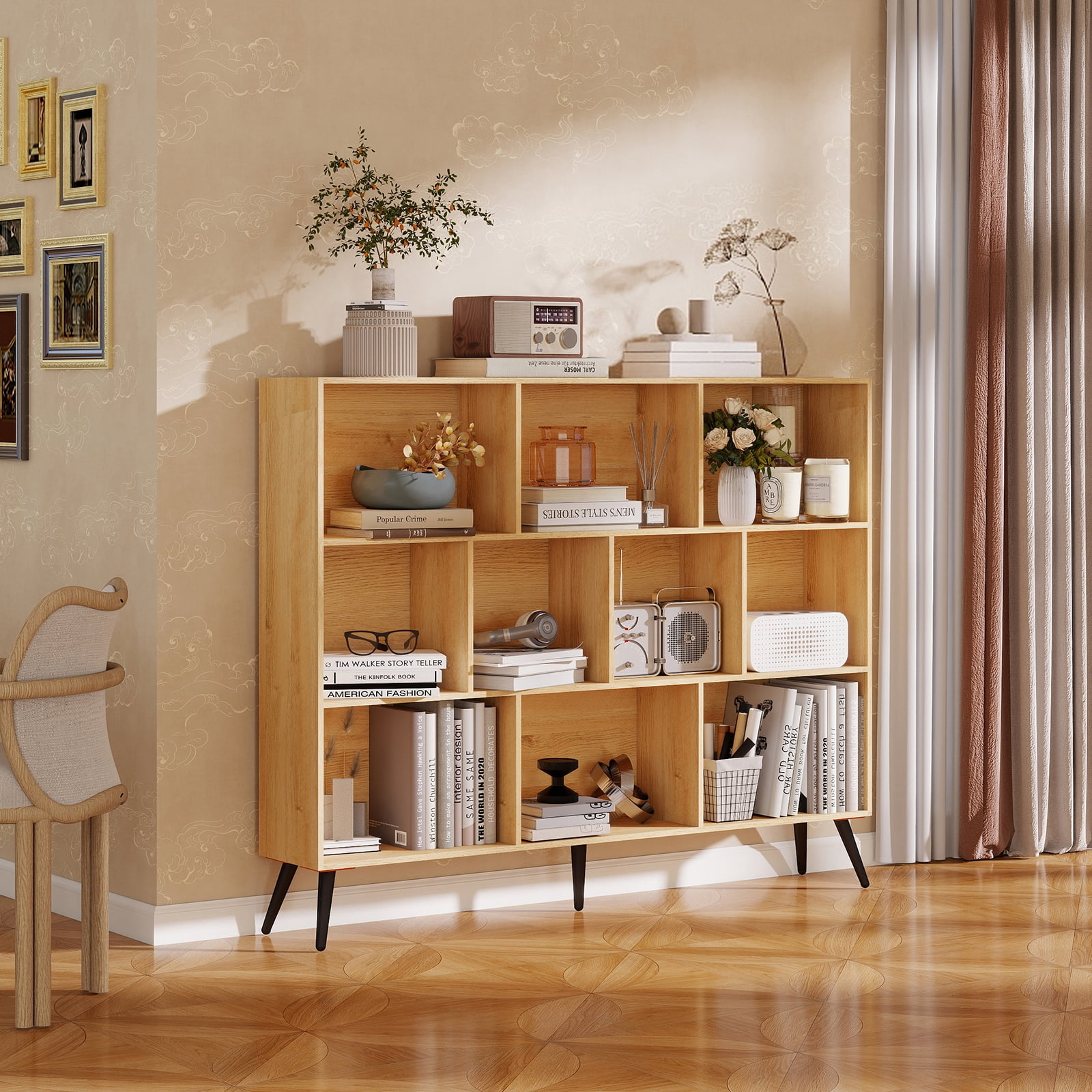 Wooden Cube Bookshelf,Mid-Century Modern 3-Tier Bookcase with Legs,Retro Wood Bookshelves Storage Organizer Shelf,Freestanding Open Book Shelves for Bedroom,Living Room,Office