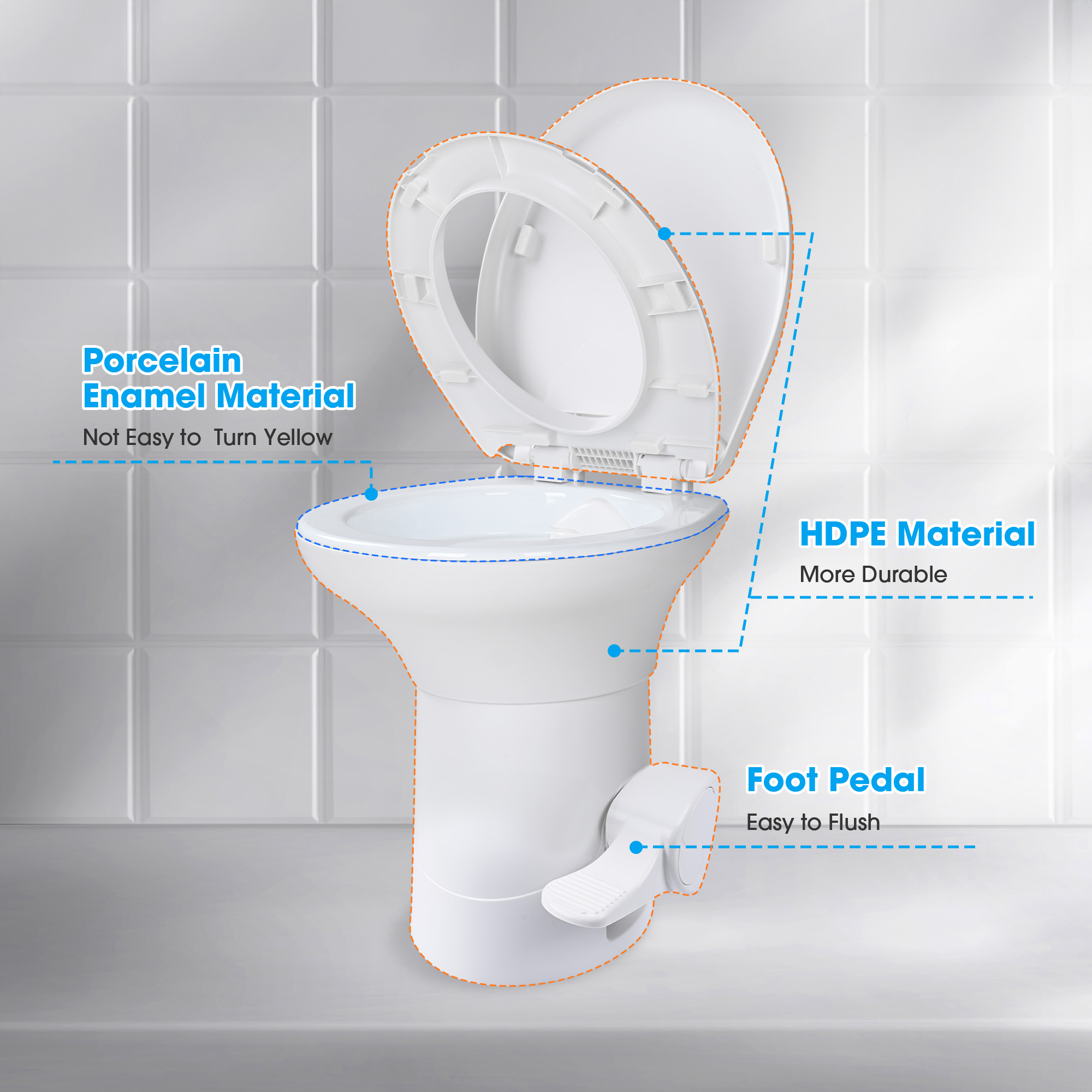 Yescom RV Camper Toilet Gravity Flush Enamel Elongated 20" High w/ Bidet Spray Caravan