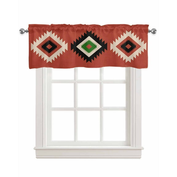 Red Aztec Linen Curtain Valance for Bedroom/Bathroom/Kitchen/Office/Living/Dining Room Window,Boho Black Green Tribal Southwestern Pocket Topper Drapes Decorative Cafe Drapery Panel 42"x18"
