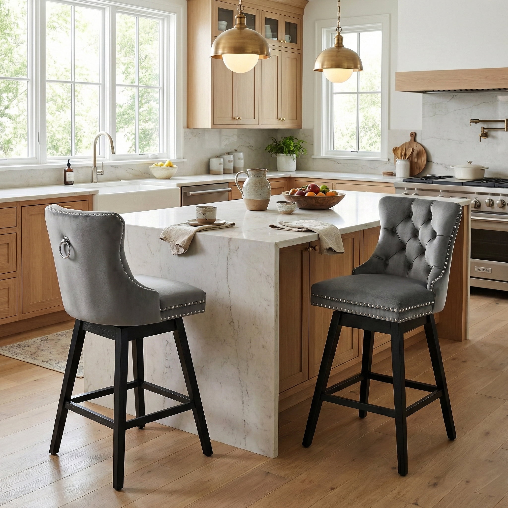 TEWLOSS 30" Swivel Bar Stools Set of 2, Gray Velvet Bar Height Chairs with Back for Home Pub