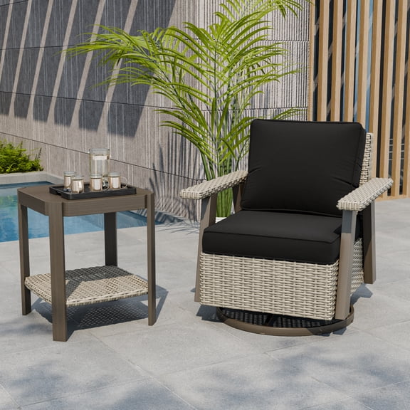 COOS BAY Rustic Hideaway Outdoor Swivel Rocker Patio Chair and Table Set, 2-Piece Wicker Bistro Set with Cushions, Beige/Black