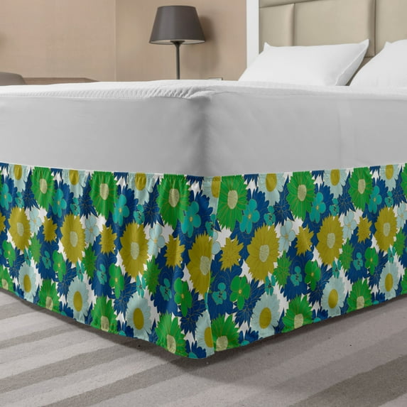 Floral Bed Skirt, Exotic Flowers in Natural Tones Cold Colors Repetitive Design on Plain Backdrop, Elastic Bedskirt Dust Ruffle Wrap Around for Bedding Decor, 4 Sizes, Multicolor, by Ambesonne