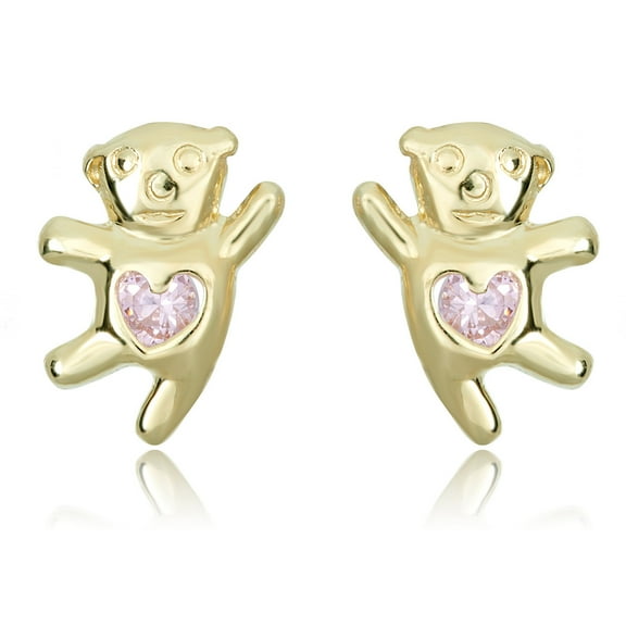 AVORA 10K Yellow Gold Teddy Bear Pink Simulated Diamond CZ Stud Earrings