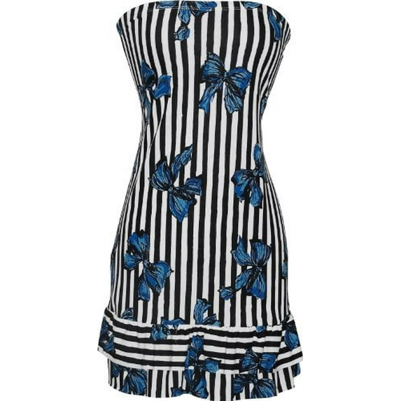 Strapless Jersey Striped Bow Print Ruffle Tube Mini Dress Sundress, 2X, Blue-Bows