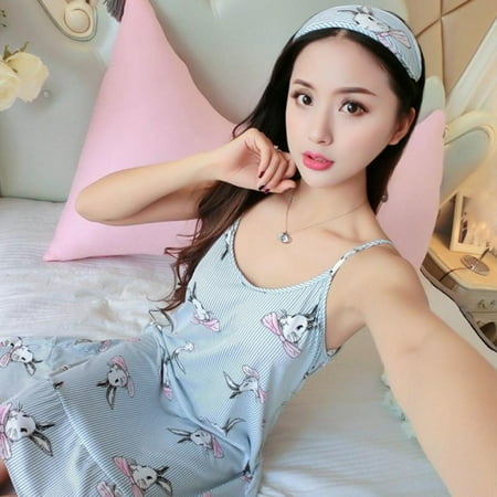 

Hot Sales! Women s Cute Printed Cami Sleepdress With Blindfold Spaghetti Print Nightdress Sleepwear