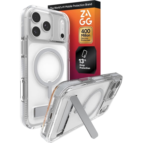 ZAGG Santa Cruz Snap Case with Kickstand for iPhone 17 Pro Max - Silver Drop Protection (13ft/4m) MagSafe Charging Compatible ClearGuard Anti-Yellowing Technology Scratch Resistant Phone Case