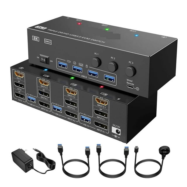 Commutateur KVM 3 Ordinateurs 3 Moniteurs + DisplayPort USB 3.0 Commutateur KVM 8K@30Hz/4k@144Hz Triple Moniteur DP KVM pour 3 Pcs