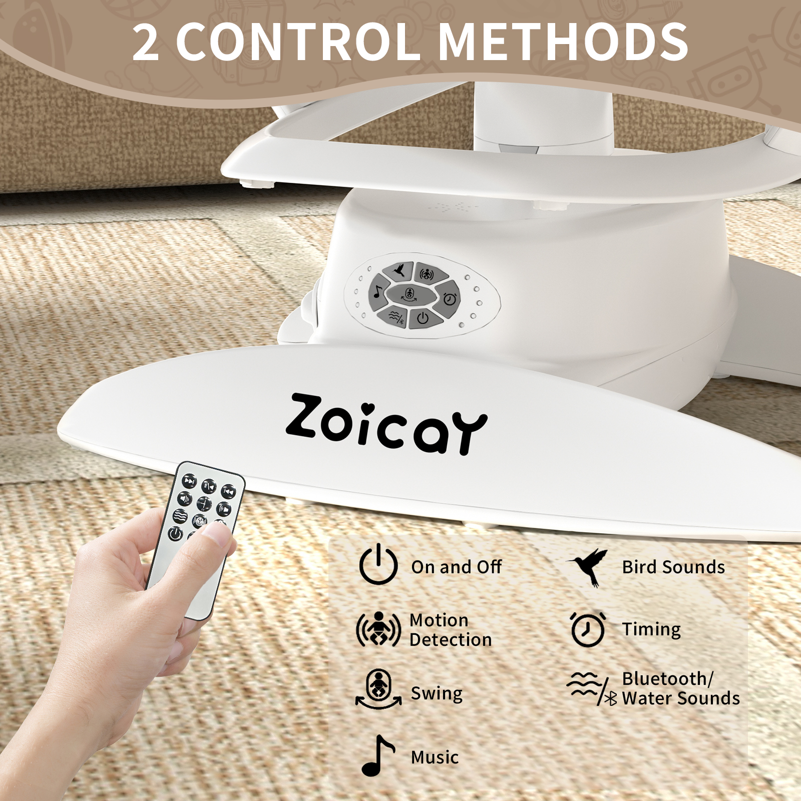 Zoicay Baby Swing, Baby Rocker Stationary Seat Infants Swing 3-IN-1 Design,  Motion Detection, 5 Speeds & 3 Modes,12 Melodies & Bluetooth Music, White