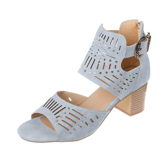 Nrmvnmi Summer Heels for Women Open Toe Boho Booties Cutout High Heel Chunky Block Sandals Blue Mothers Day Gifts