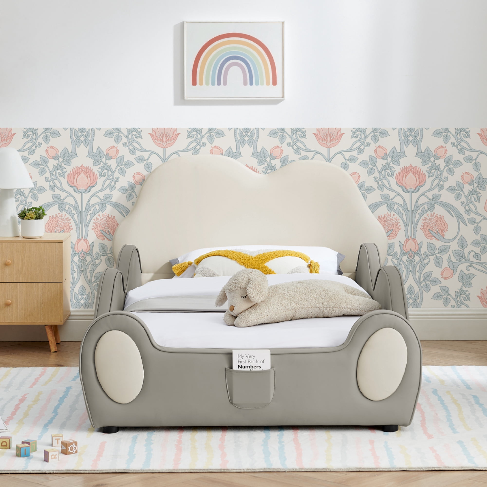 Twin Size Cute Cloud Shape PU Leather Bed with Guardrails, Safety Toddler Bed with Cartoon and Storage Pocket,Beige + Grey