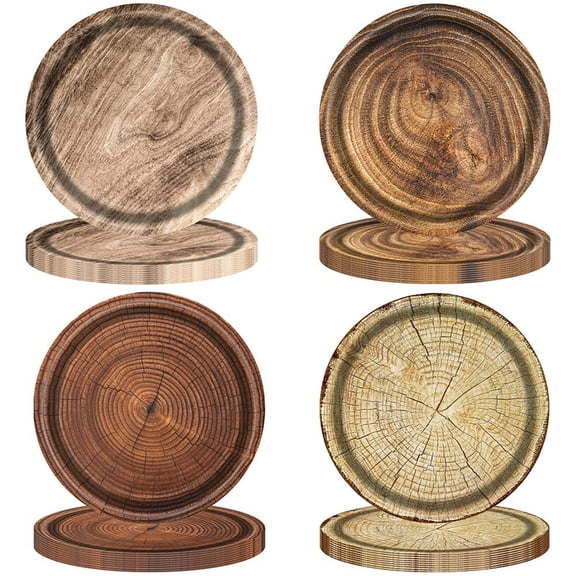 40Pcs/Set Wooden Textured Disposable Dining Plates Wood Grain Party Dinner Plates Supplies Round Paper Plates for Party Random Styles