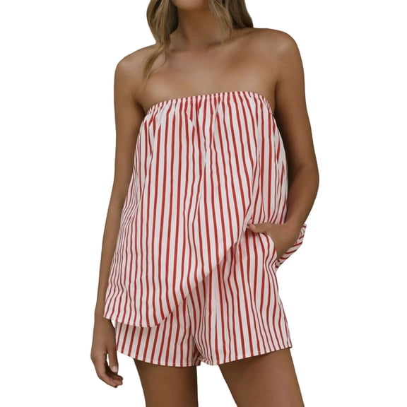 WAYUTE Womens Shorts Set Summer Striped Print Shoulderless Tank Top and Shorts Casual Loose 2 Piece Outfit Beach Outdoor Clothing Sets