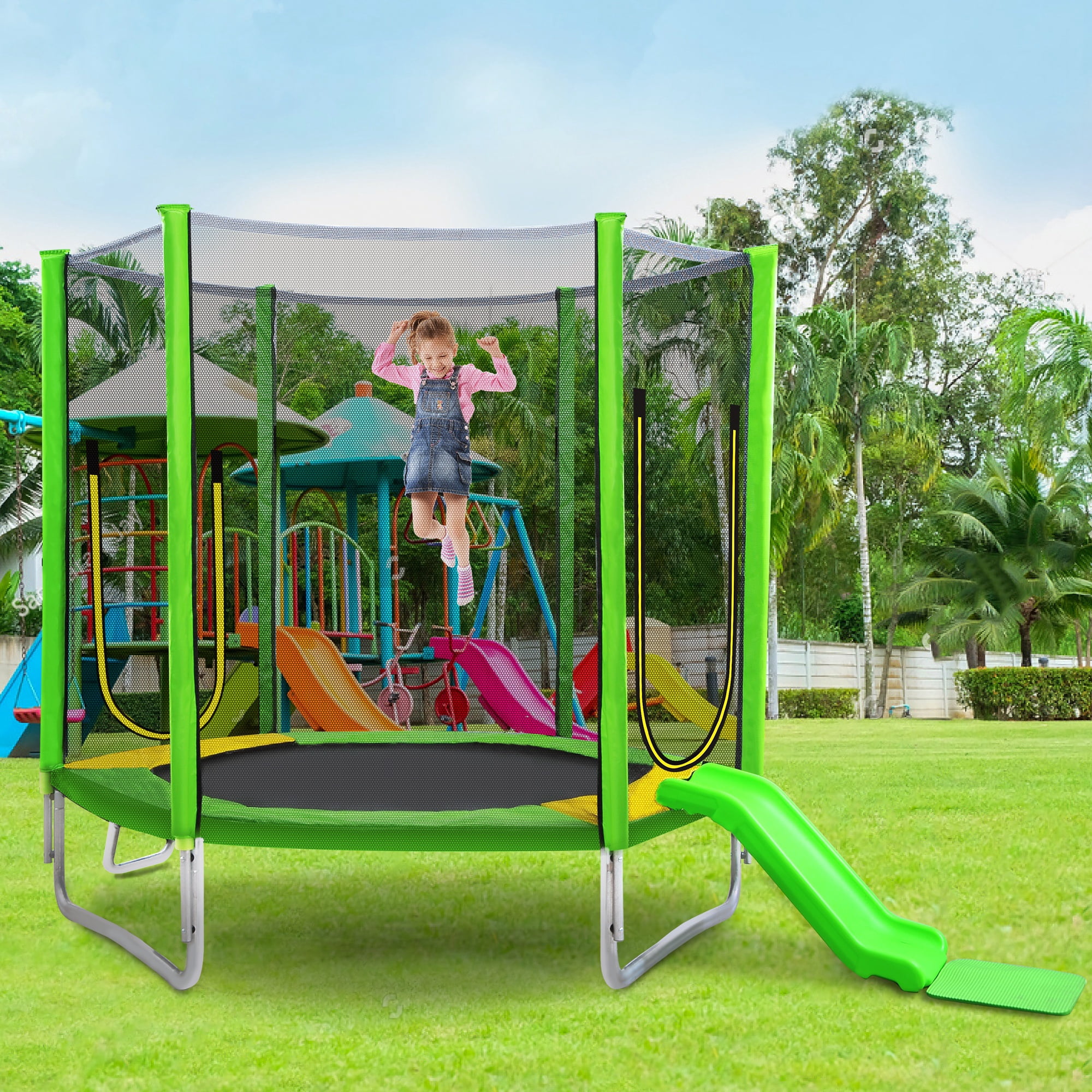 7ft Trampoline for Kids, Trampoline with Safety Enclosure Net, Outdoor Trampoline with Slide & Ladder and Soft Pad, 220lbs Capacity, Easy Assembly, Indoor Use, Green