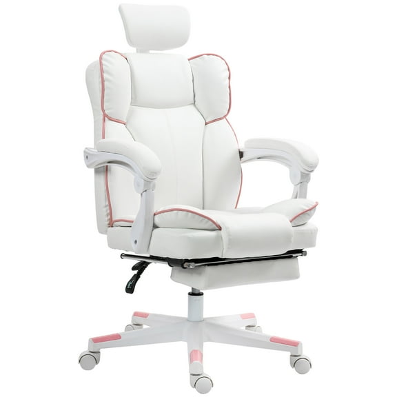 HOMCOM PU Leather Office Chair, Reclining Desk Chair with Headrest, White