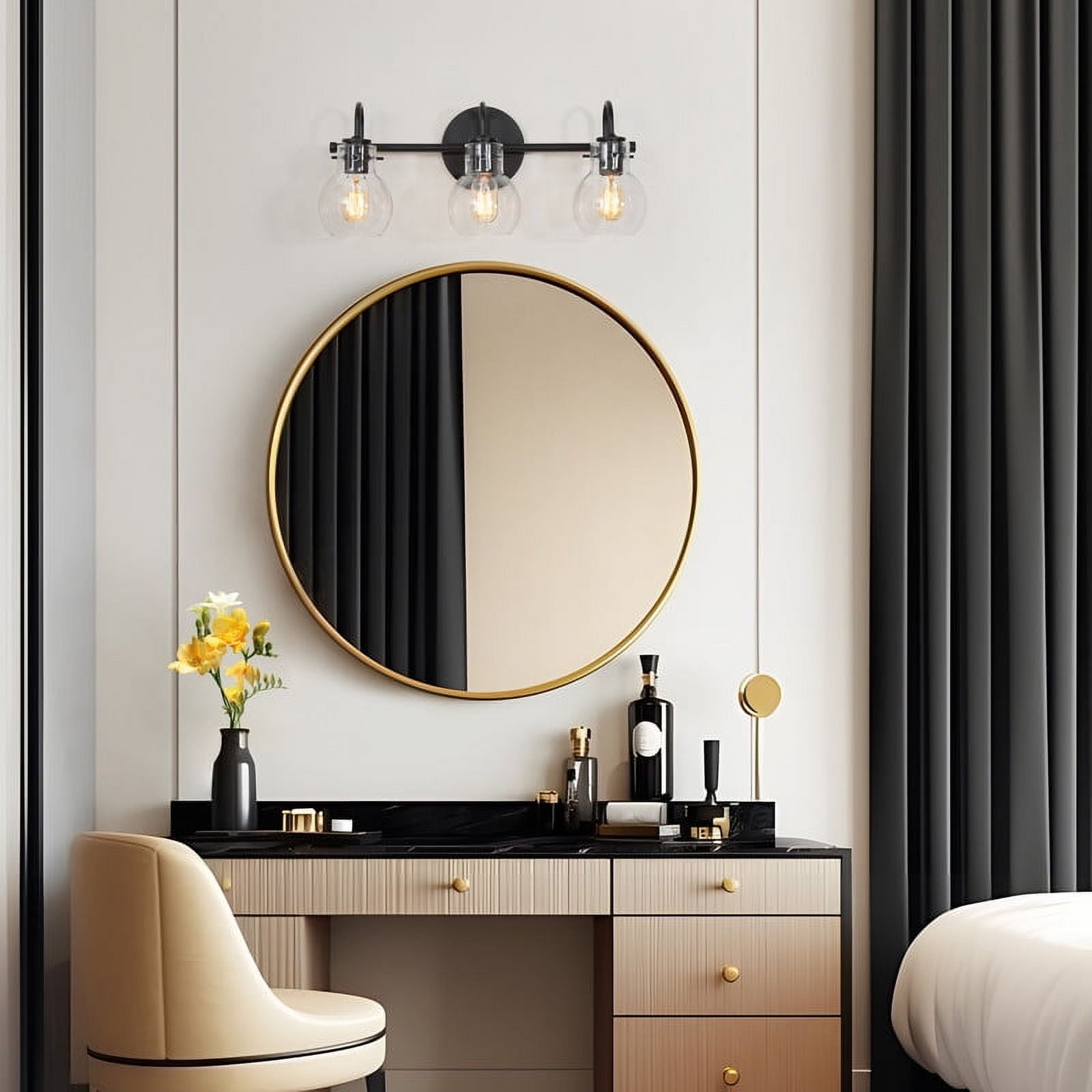LNC Black 3-Light Bathroom Vanity Light with Clear Globe Shades, Dimmable, 22" W