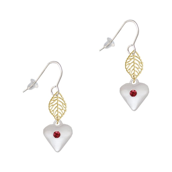 Delight Jewelry Silvertone Large January - Maroon Crystal Heart Goldtone Leaf French Earrings