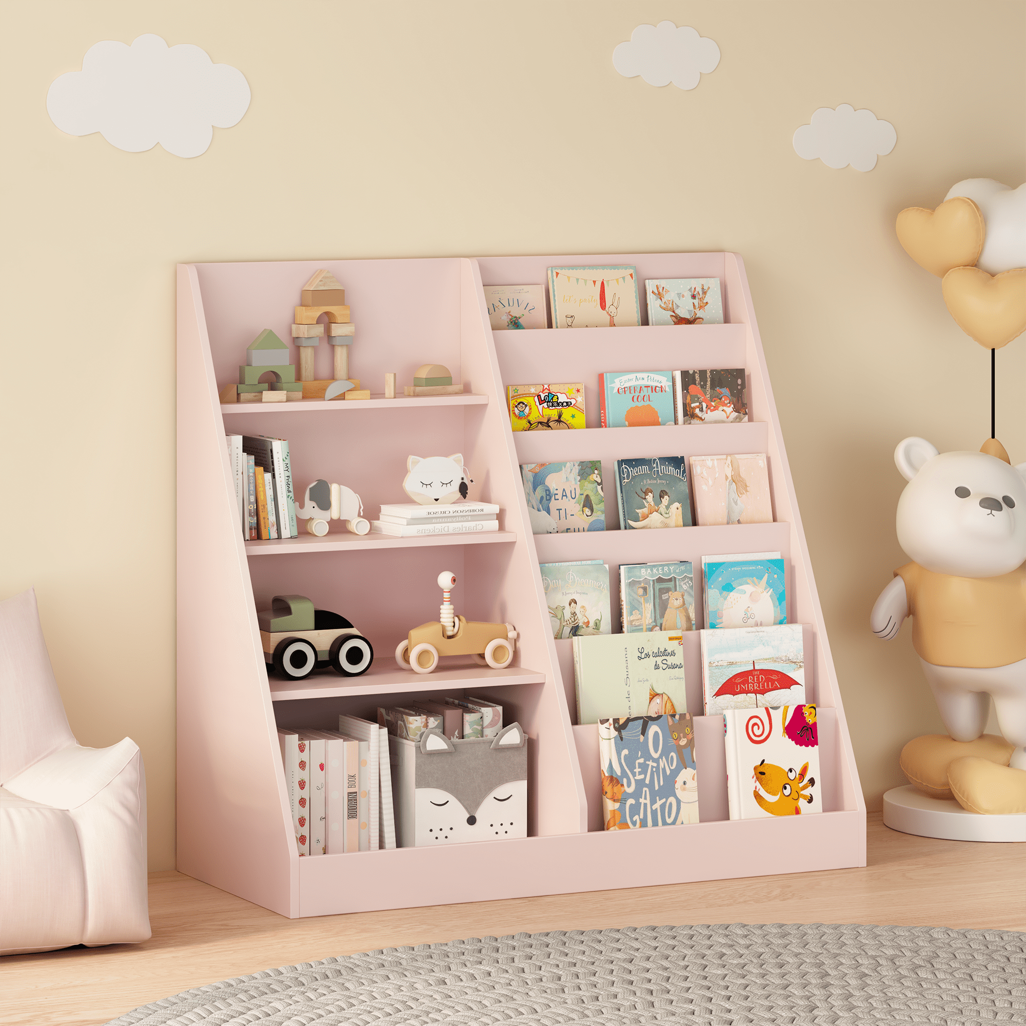 Pink Kids Bookshelf with Toy Storage Bin 2-Tier Display Childrens Room Organizer