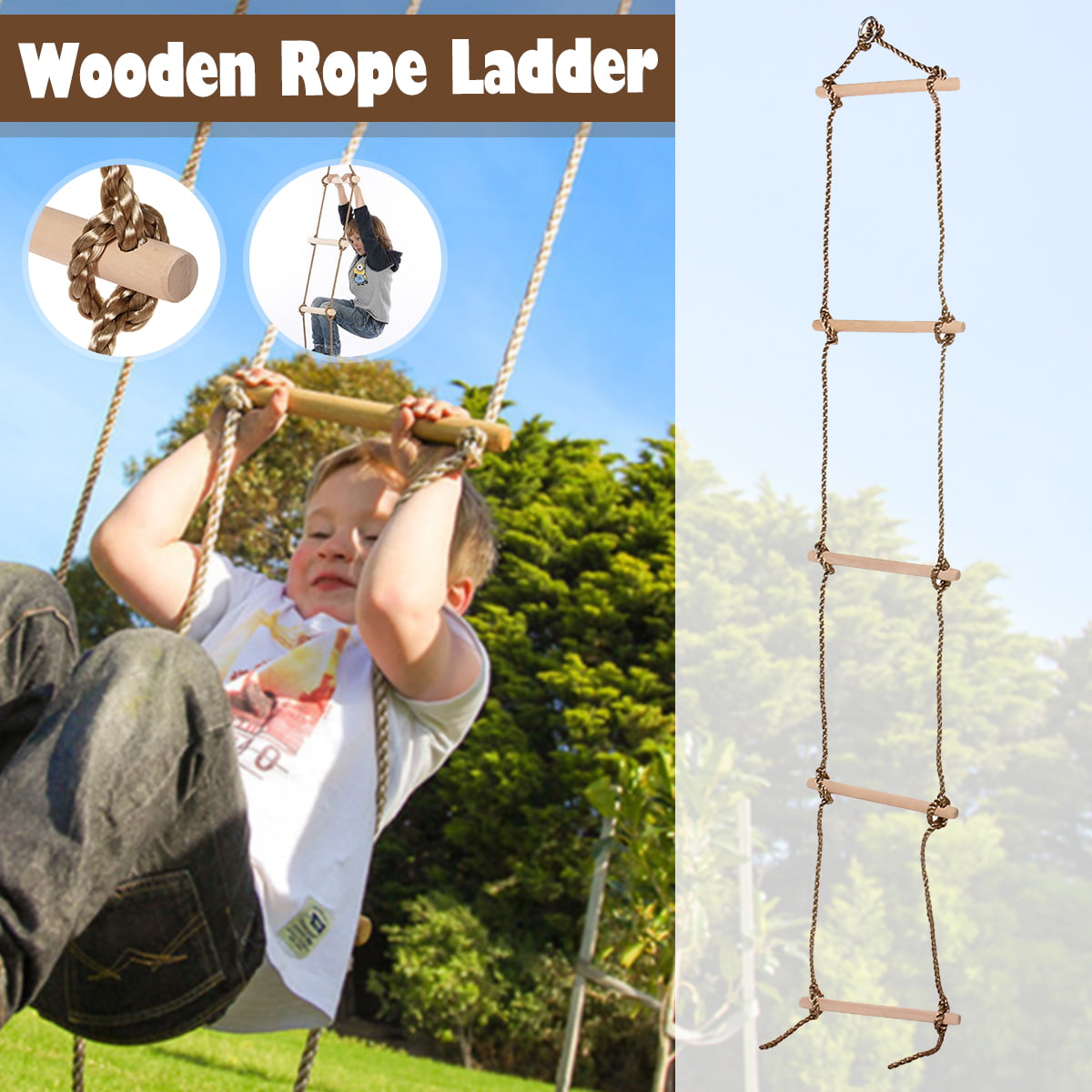 Child Playhouse Wooden 5 Rungs Rope Climbing Ladder Backyard Playground Toy 