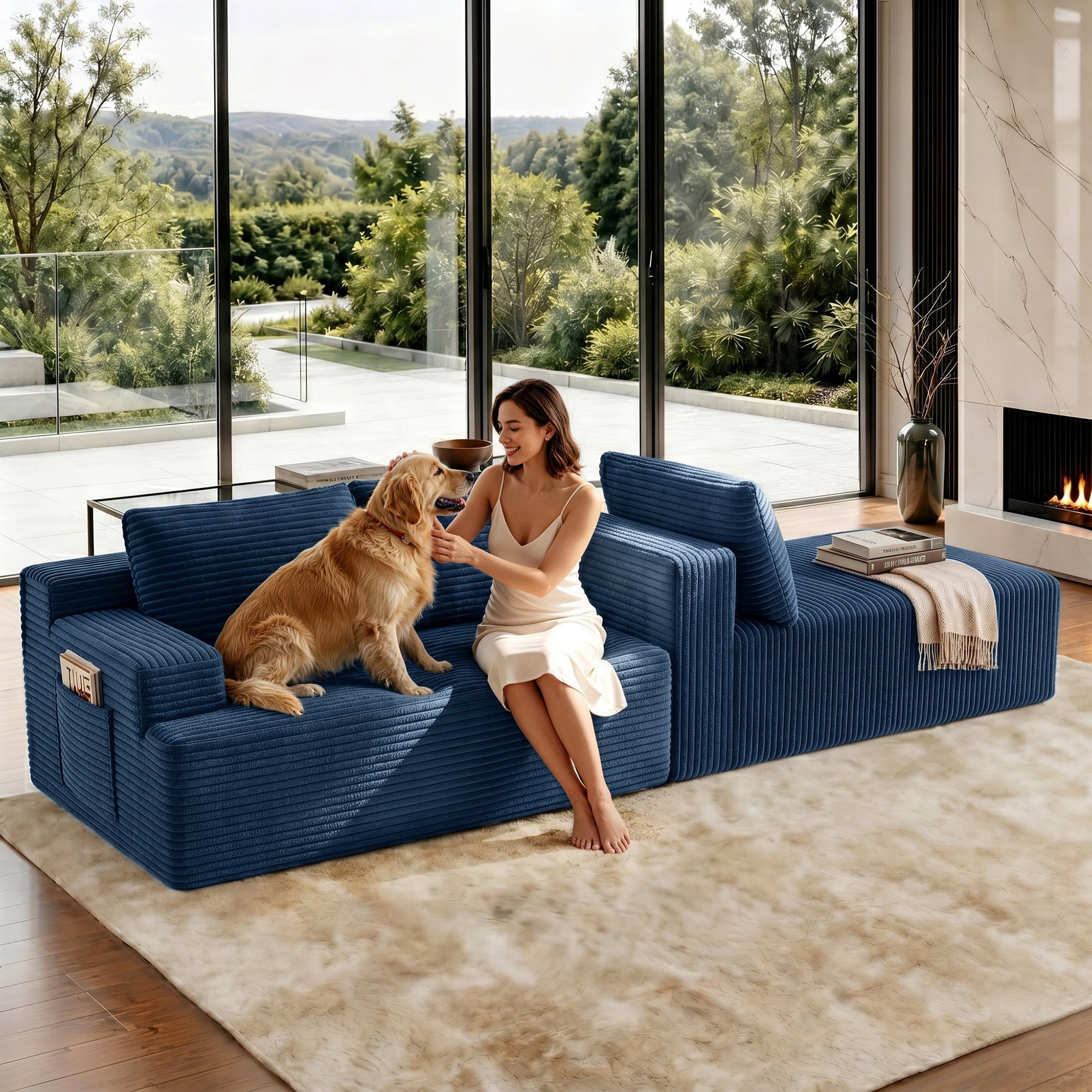Aukfa 107" Cloud Modular Sectional Couch with Right-Facing Chaise, Corduroy Deep Seat Boneless Sofa for Living Room, Apartment, Blue
