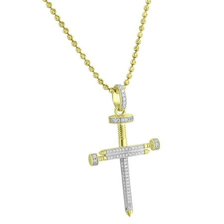 - '14k Gold Finish Nail Cross Simulated Diamonds Sterling Silver Moon Cut Necklace 24