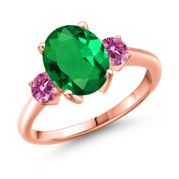 Gem Stone King 18K Rose Gold Plated Silver Ring Oval Green Nano Emerald and Vivid Pink Moissanite (2.46 Cttw, Size 8)