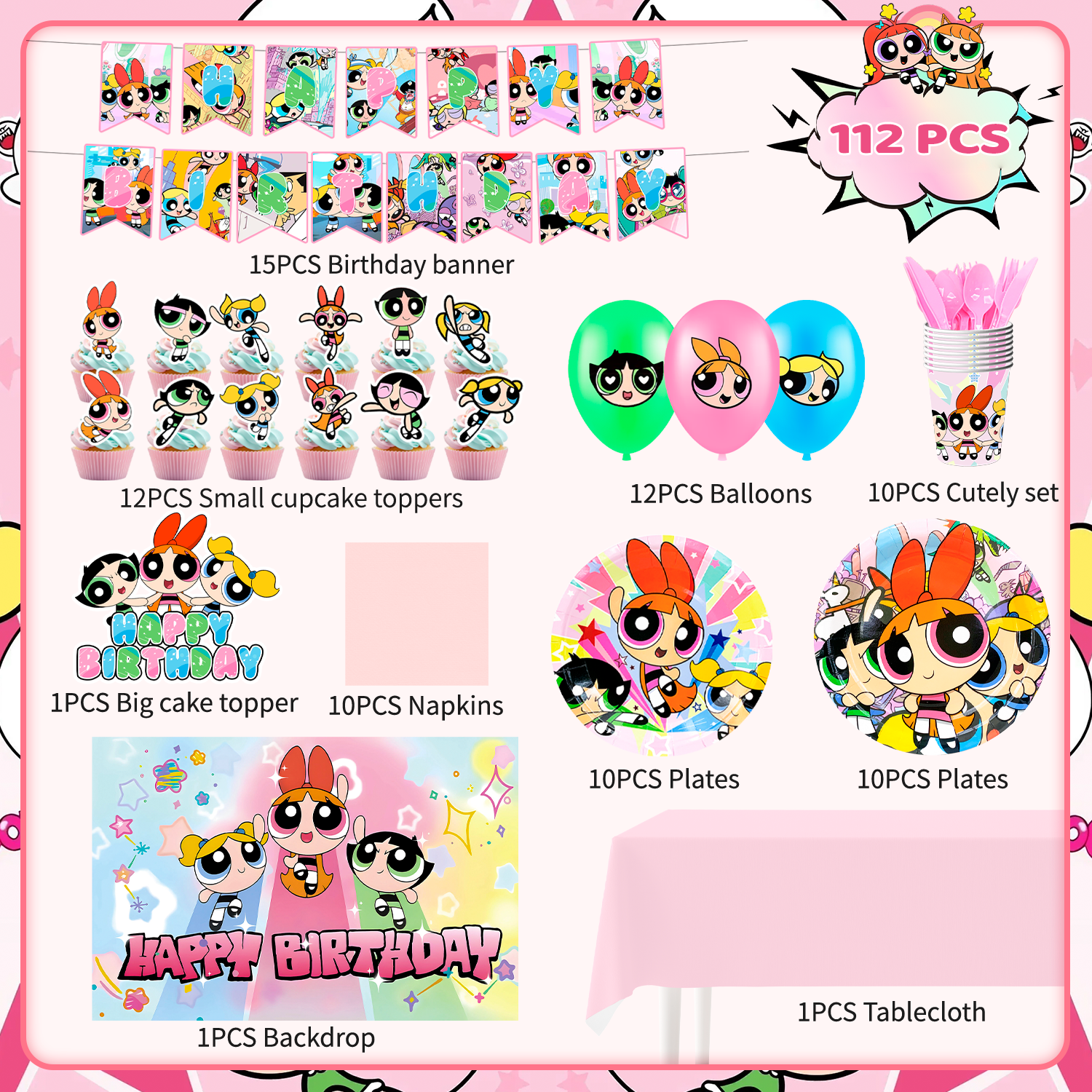112Pcs Girls Birthday Decorations & Party Tableware Set - Girls Birthday Banner Balloons Plates Napkins etc. Girls Birthday Party Supplies for Kids