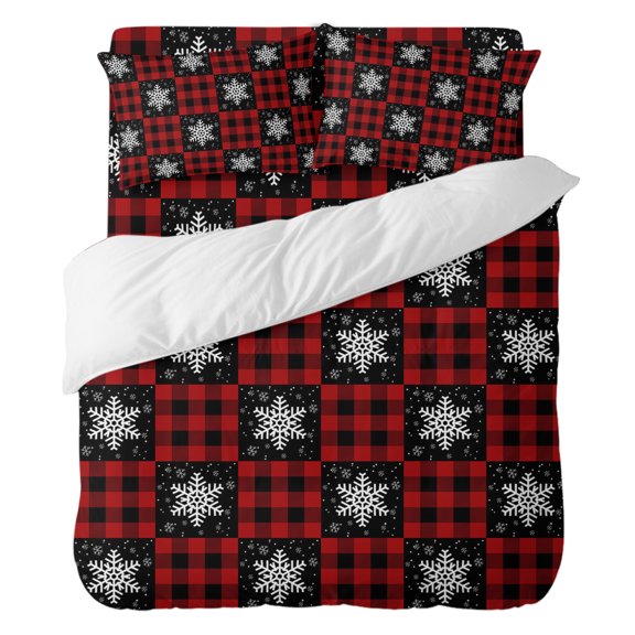 4 Pieces Duvet Cover Set Queen Size, Winter Christmas White Snowflakes Comforter Cover Bedding Sets, Rustic Retro Black Red Lattice Plaid Bed Set Include 1 Duvet Cover,1 Bed Sheet,2 Pillow Shams